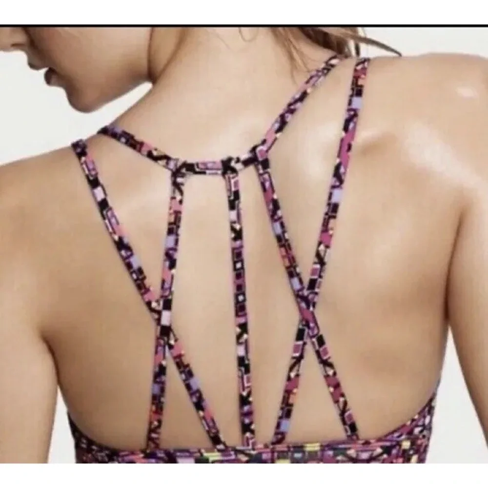Victoria Sport Geometric Print Mesh‎ Insert Strappy Sports Bra Women's L